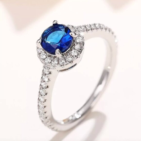 NEW 14k White Gold Sapphire Diamond Ring Halo Round Cut - Picture 7 of 8